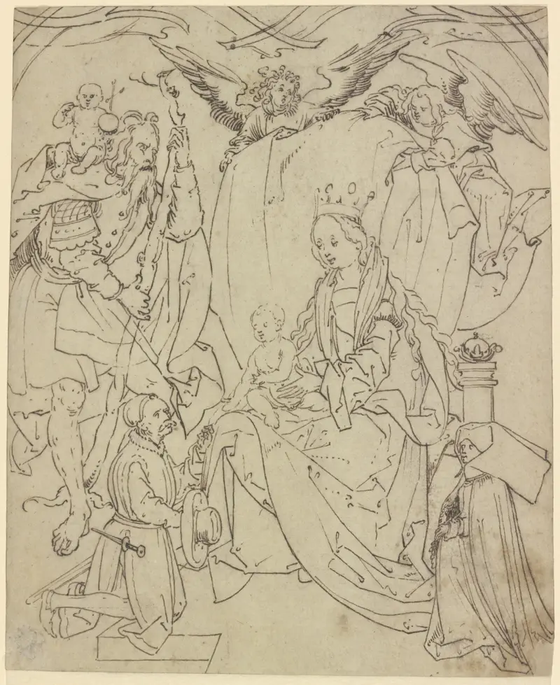 Thronende Madonna mit dem Heiligen Christophorus, zwei Engeln und zwei Stiftern av Hans Burgkmair The Elder