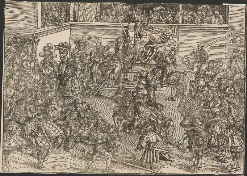 Tournament with the Tapestry of Samson and the Lion av Lucas Cranach the Elder