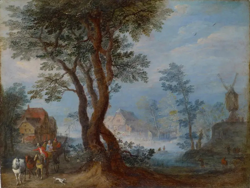 Byliggande landskap med figurer av Jan Brueghel The Elder