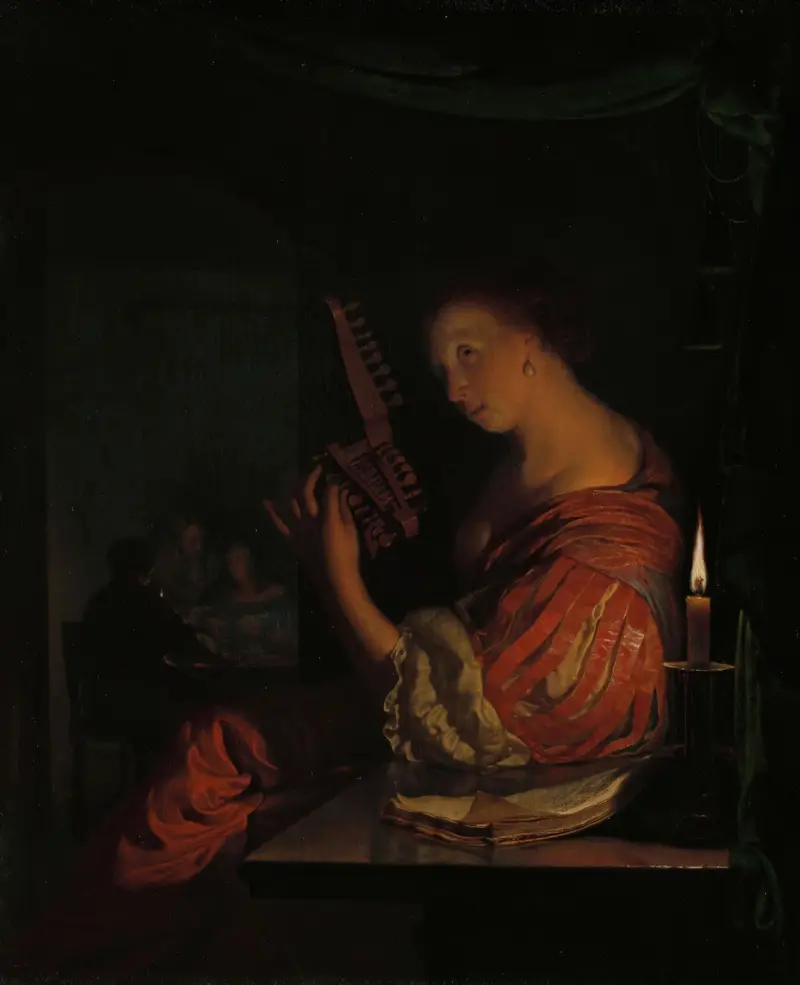Kobieta strojąca teorbę, Frans van Mieris the Elder