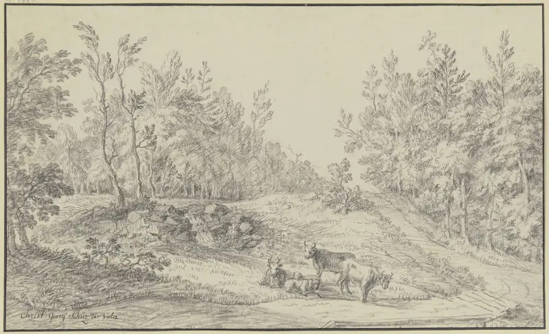 Waldlichtung, im Vordergrund drei Kühe und zwei Schafe av Christian Georg Schütz the elder