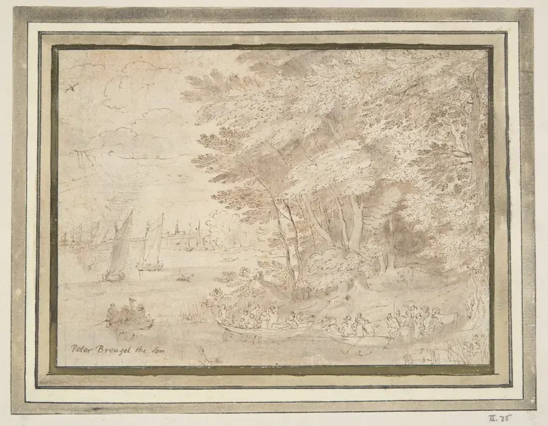 Skogsbeklädd strand med människor som stiger i båtar av Jan Brueghel The Elder