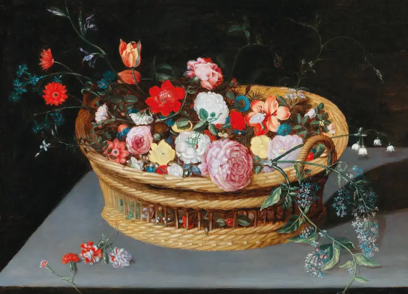 A basket with spring flowers on a stone table av Jan Brueghel the Younger