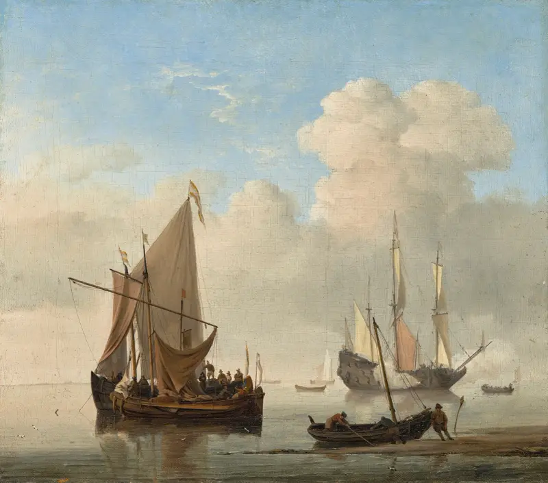 A Calm – A kaag alongside a smalschip at anchor, with a weyschuit being pushed off the shore and a man-of-war firing a salute beyond von Willem van de Velde the Younger
