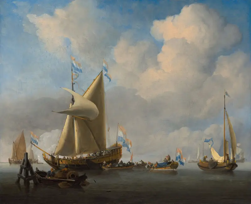 Ett stilla vatten med en statskjakt som avlossar salutt av Willem van de Velde the Younger