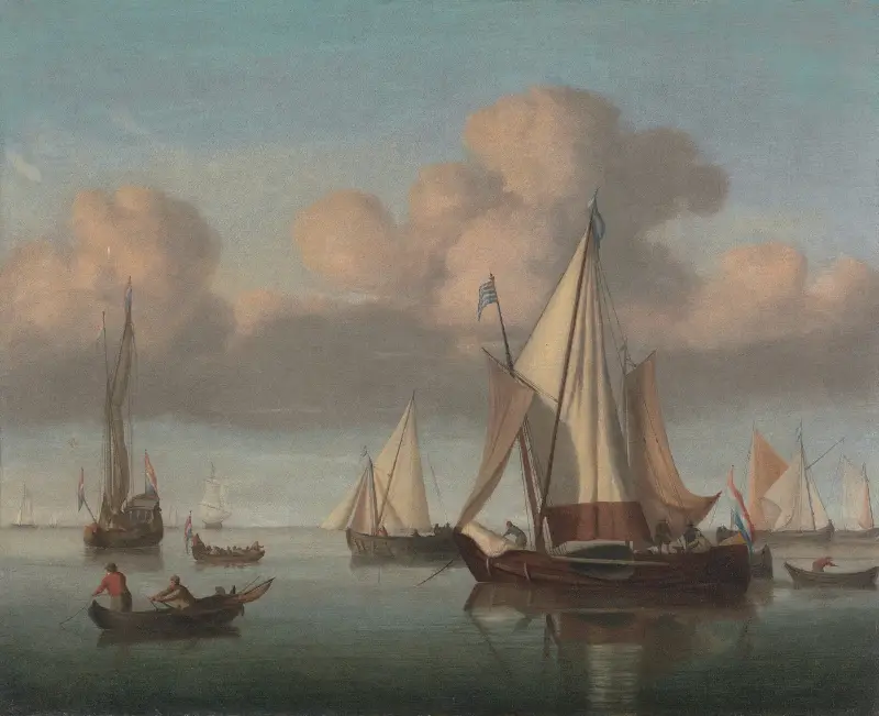 En kaag till ankars med hissade segel och en statsyacht och andra fartyg av Willem van de Velde the Younger