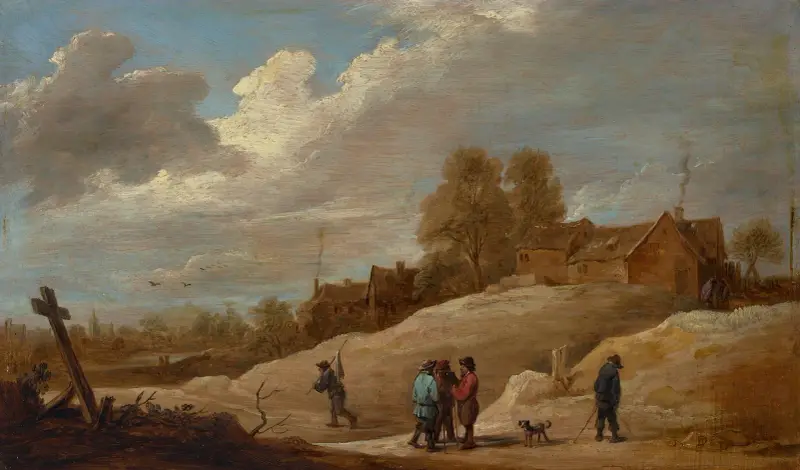 Landskap med figurer i utkanten av en stad av David Teniers The Younger