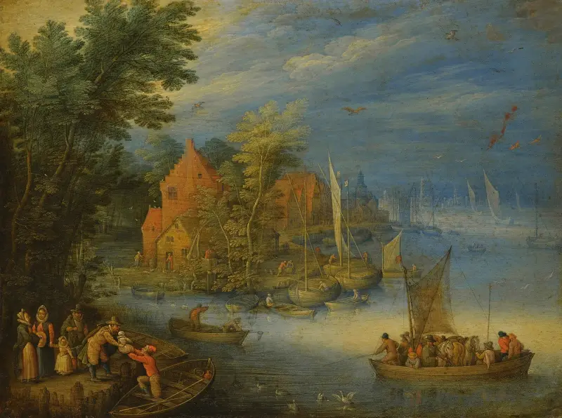 A Town On The Banks Of A Wide River With A Heavily Laden Ferry Approaching The Shore In The Forgeound av Jan Brueghel the Younger