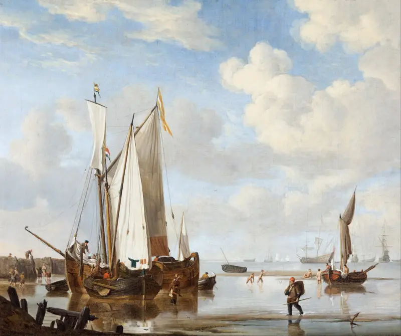 Ett wijdschip och en kaag i en vik nära en strandskoning av Willem van de Velde the Younger