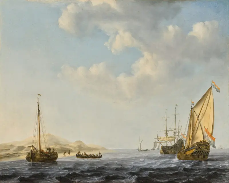 Amsterdamski jacht państwowy na kotwicy w pobliżu wybrzeża, z innymi łodziami na wzburzonym morzu, Willem van de Velde the Younger