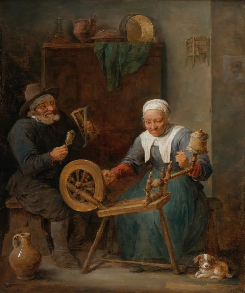 Ett äldre par spinner ull i en interiör av David Teniers The Younger