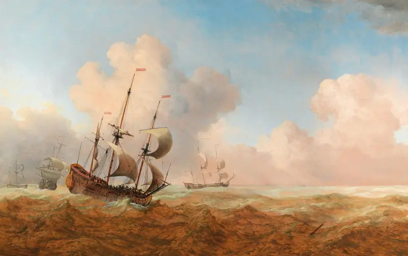 En engelsk örlogsman i krabb sjö av Willem van de Velde the Younger
