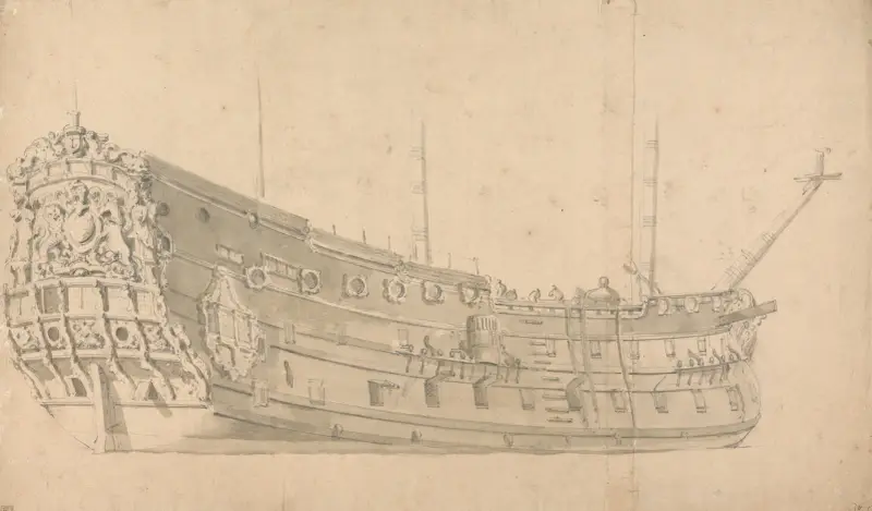 Ett engelskt krigsskepp, akterspegelvy från styrbord av Willem van de Velde the Younger