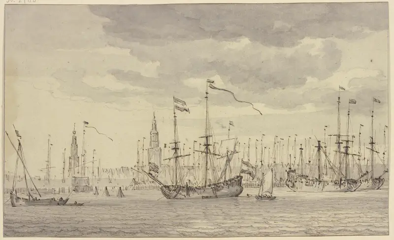 Ansicht eines Hafens mit vielen Schiffen und einer Stadt mit zwei Kirchtürmen (Amsterdam) av Willem van de Velde the Younger