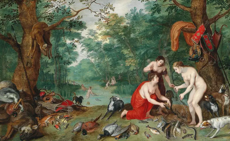 Diana och hennes nymfer fiskar av Jan Brueghel the Younger