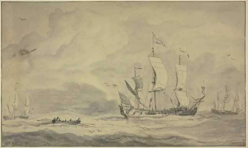 Ein Dreimaster nach rechts segelnd, dahinter ein Ruderboot av Willem van de Velde the Younger