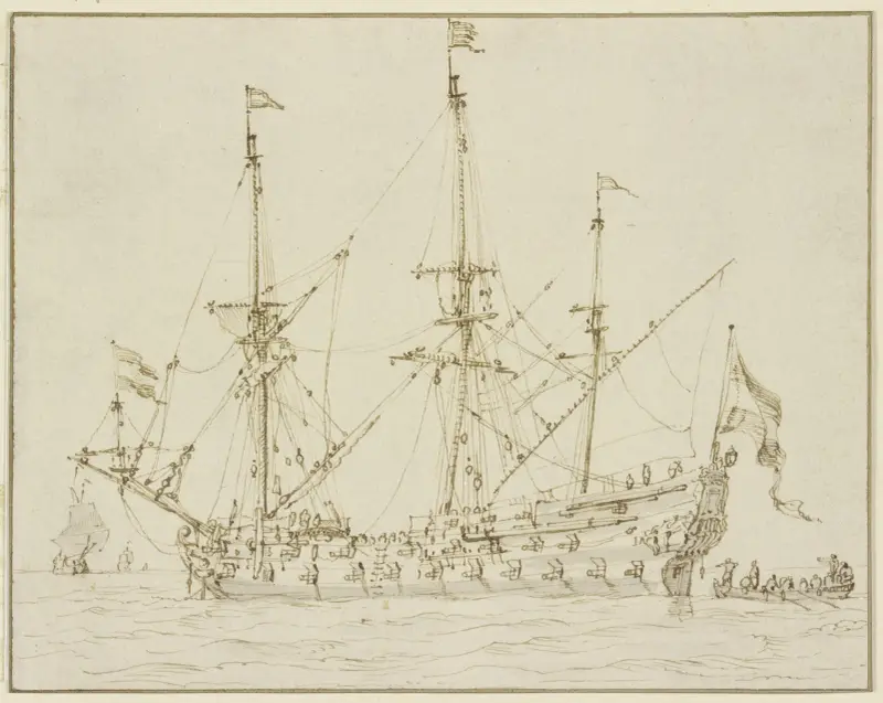 Ein Kriegsschiff mit herabgelassenen Segeln av Willem van de Velde the Younger