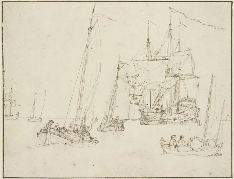 Ein Kriegsschiff, umgeben von drei Segelbooten, in der Ferne noch mehrere andere Schiffe av Willem van de Velde the Younger