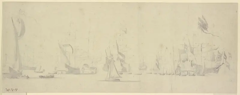Eine Flotte, rechts das reich beflackte Admiralsschiff, umgeben von vielen Booten av Willem van de Velde the Younger