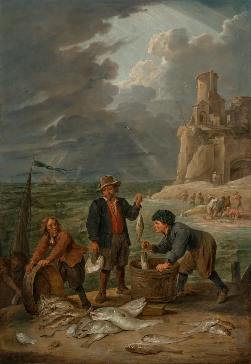 Fiskare som återvänder till stranden med sin fångst, i bakgrunden andra fiskare nedanför en fyr på en klippa av David Teniers The Younger