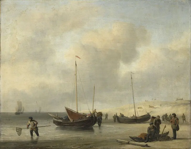Fiskebåtar på stranden (Stranden, lossning av en fiskeskonert) av Willem van de Velde the Younger