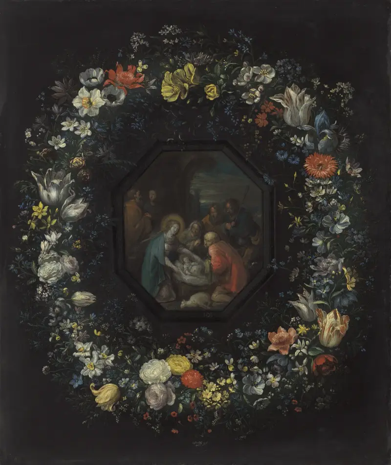 Blomstergirland med herdarnas tillbedjan av Frans Francken the Younger