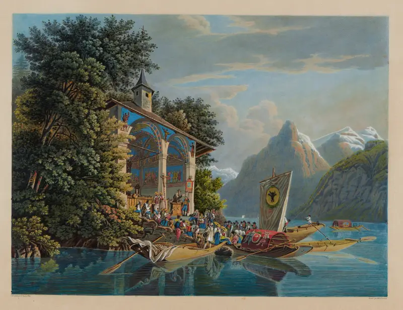Die Tellskapelle am Vierwaldstättersee mit dem jährlichen religiösen Fest zum Gedenken an die Ereignisse von 1307 von Gabriel Lory the Younger