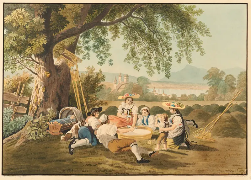 Lantlig måltid. Dräkter från Luzern av Gabriel Lory the Younger