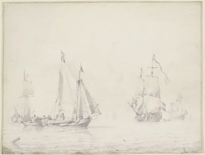 Tre barkar till vänster, två större skepp under fulla segel till höger av Willem van de Velde the Younger