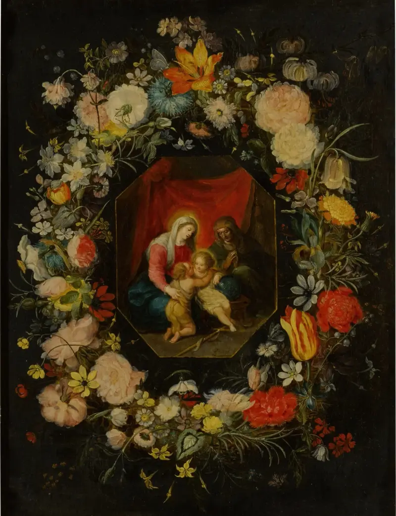 Madonnan med barnet, heliga Anna och Johannes Döparen, omgivna av en blomstergirland av Jan Brueghel the Younger