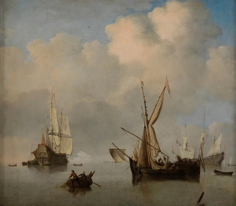 Mer calme; deux petits cabotiers néerlandais à l’ancre bord-à-bord. Marine av Willem van de Velde the Younger