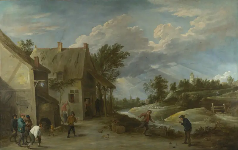 Bönder som spelar klot utanför en bykrog av David Teniers The Younger