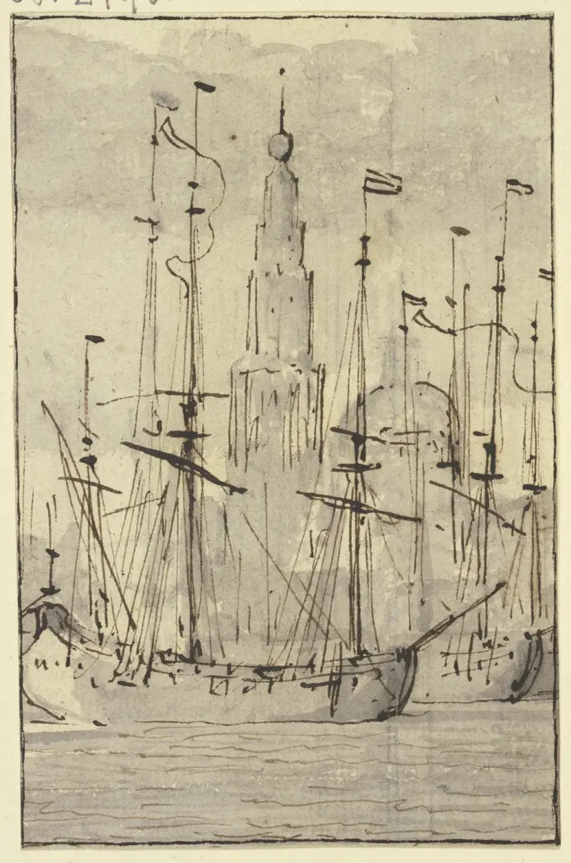 Schiffe, vor einer Kirche liegend von Willem van de Velde the Younger