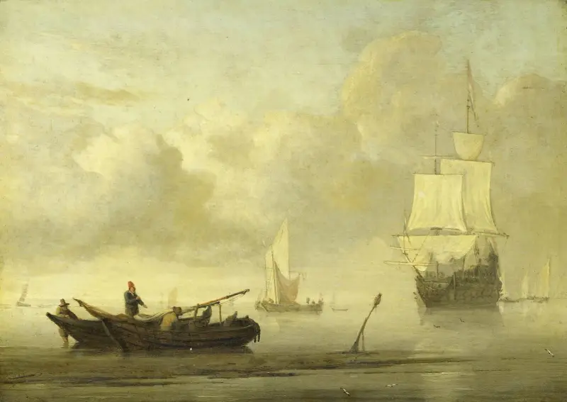 Skepp nära kusten i stiltje av Willem van de Velde the Younger