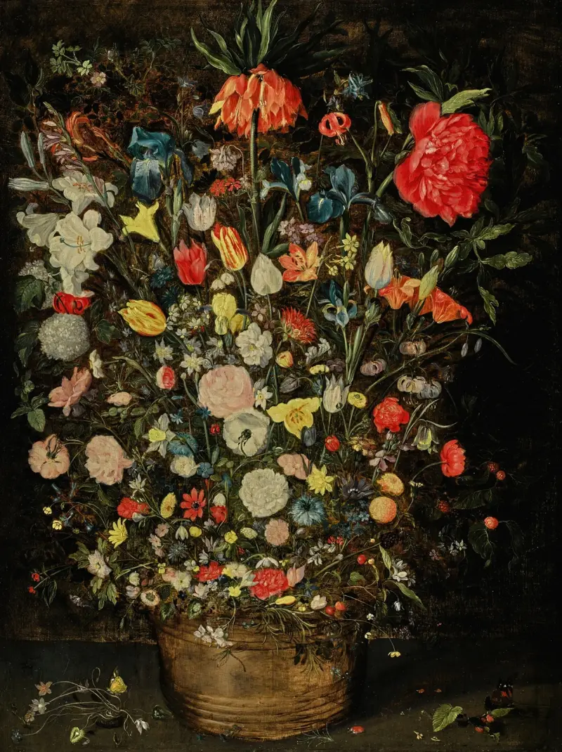 Stillleben mit einem großen Blumenstrauß in einem Holzeimer von Jan Brueghel the Younger
