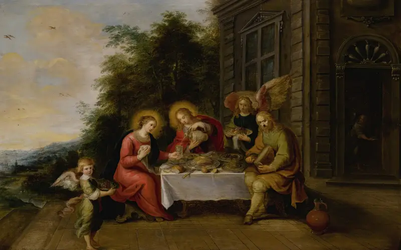 The Holy Family Dining Outdoors While Served By Angels av Frans Francken the Younger
