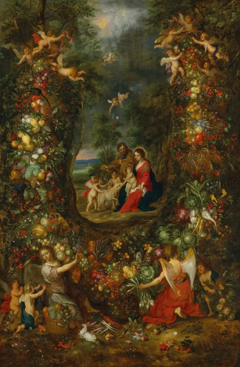 Den heliga familjen omgiven av en fruktgirlang som hålls upp av putti av Jan Brueghel the Younger