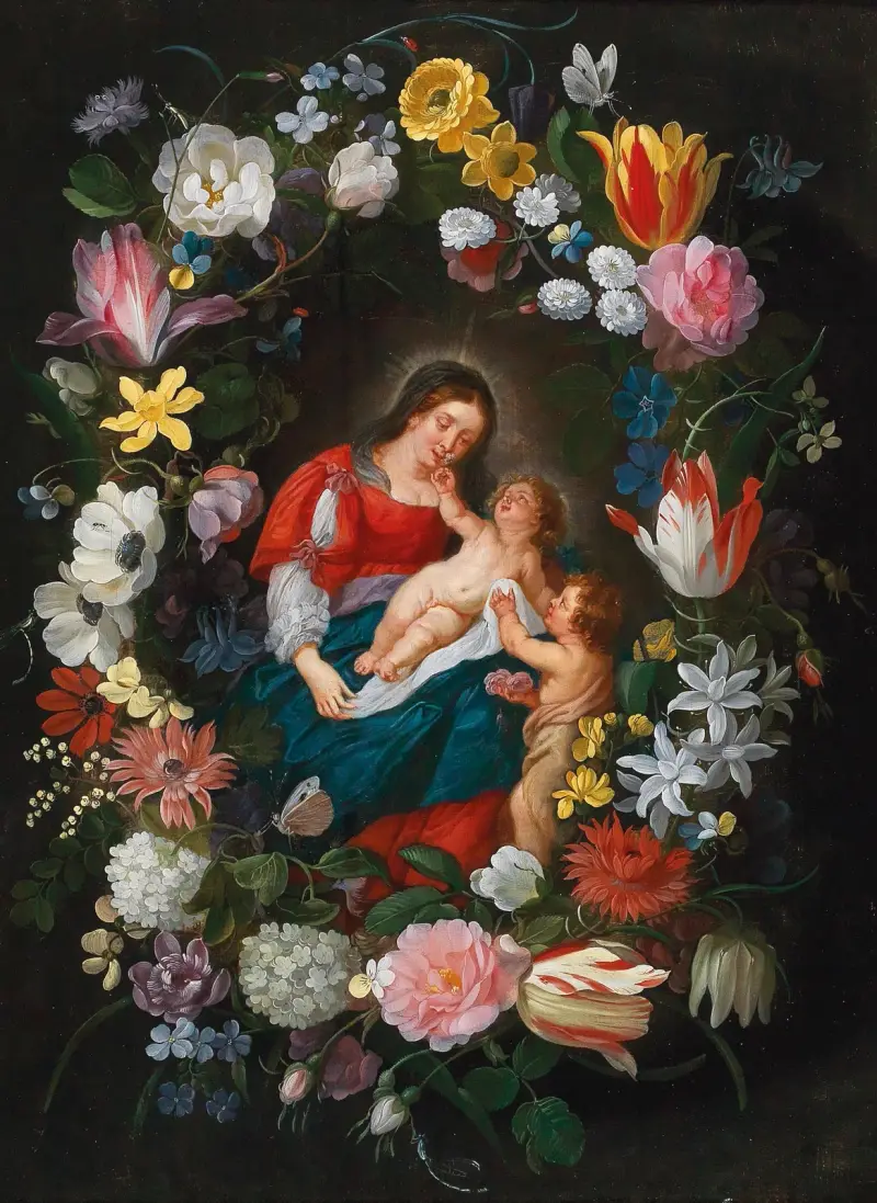 Jungfrun och barnet med den unge Johannes döparen omgivna av en blomstergirland av Jan Brueghel the Younger