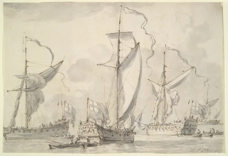 Tre brittiska örlogsfartyg av Willem van de Velde the Younger