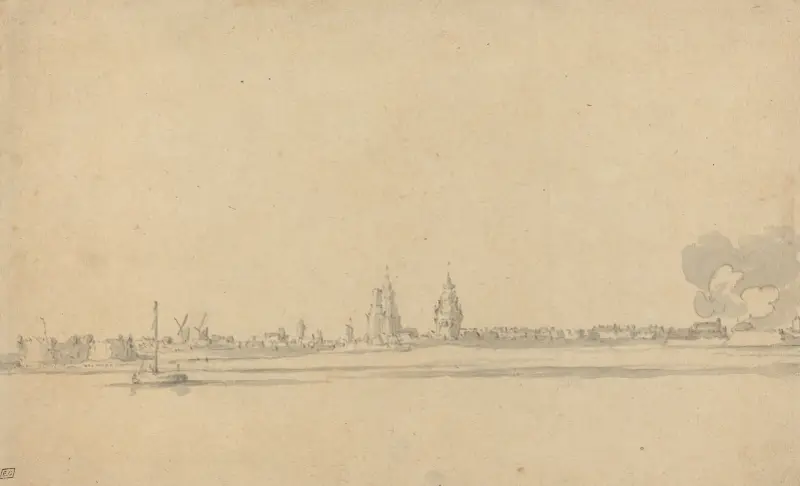 Utsikt över en holländsk stad (Delft) av Willem van de Velde the Younger