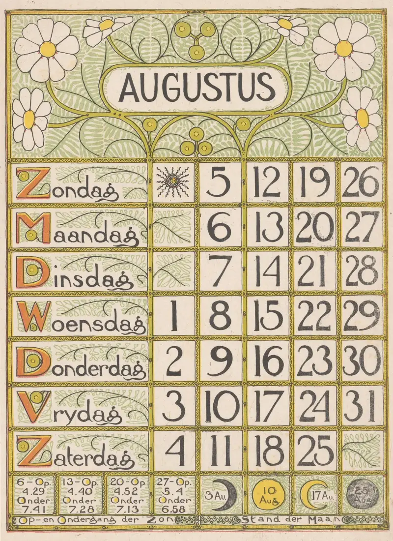 Kalendářní list na srpen 1900, Theo Nieuwenhuis