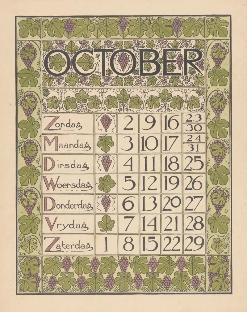 Kalenderblad voor oktober 1898 av Theo Nieuwenhuis
