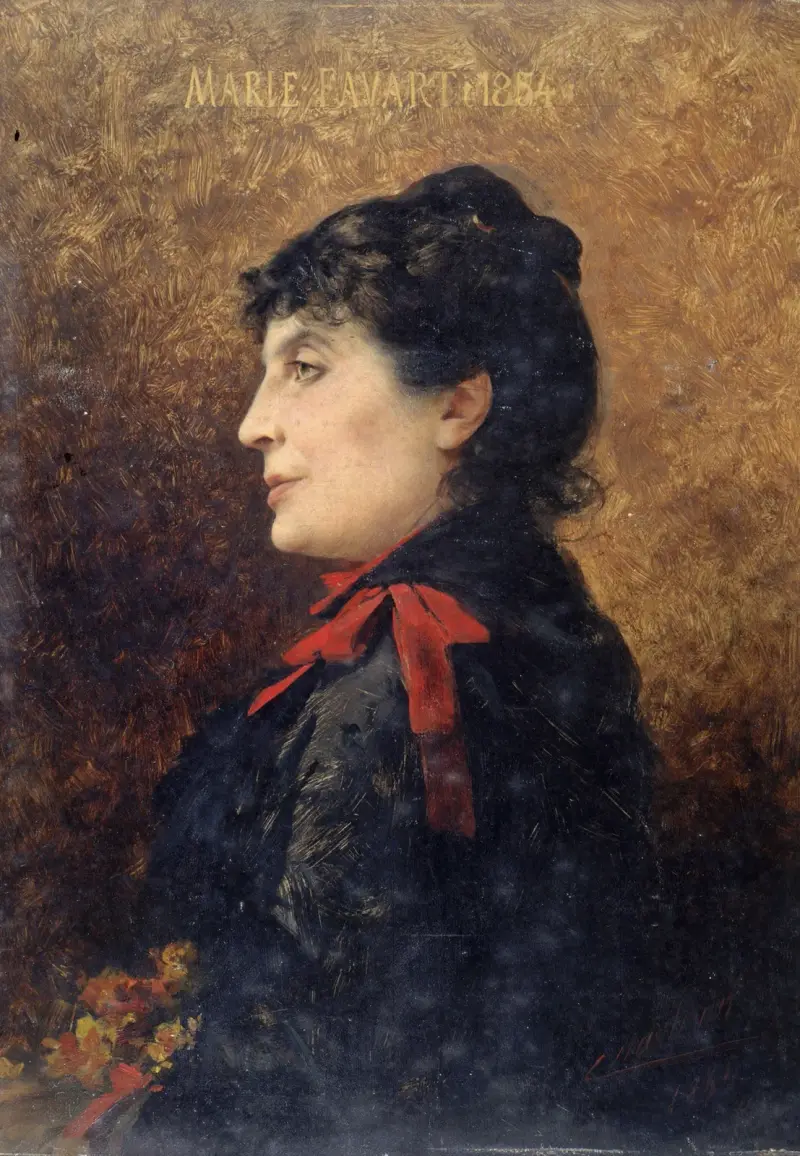 Portrait de Marie Favart (1833-1908), sociétaire de la Comédie-Française av Théobald Chartran