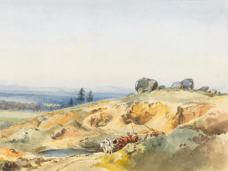Ett landskap med en smal stig och en oxkärra av Edward Theodore Compton