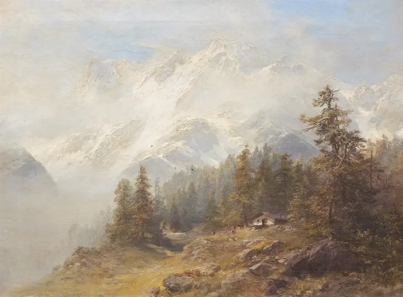 Alpenlandschaft vor schneebedecktem Massiv av Edward Theodore Compton