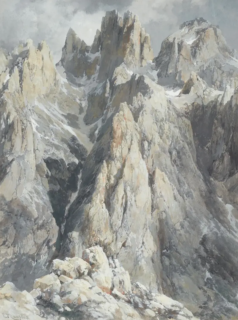 Cima di Fiocobon und Cima di Campido vom Nordwestrande des Altipiano delle Pale di San Martino av Edward Theodore Compton