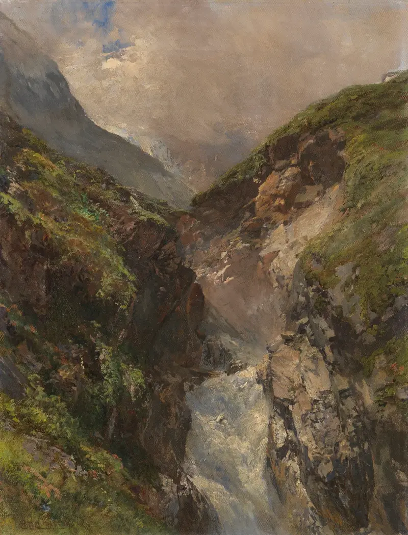 Bergsklyfta med dånande vattenfall av Edward Theodore Compton