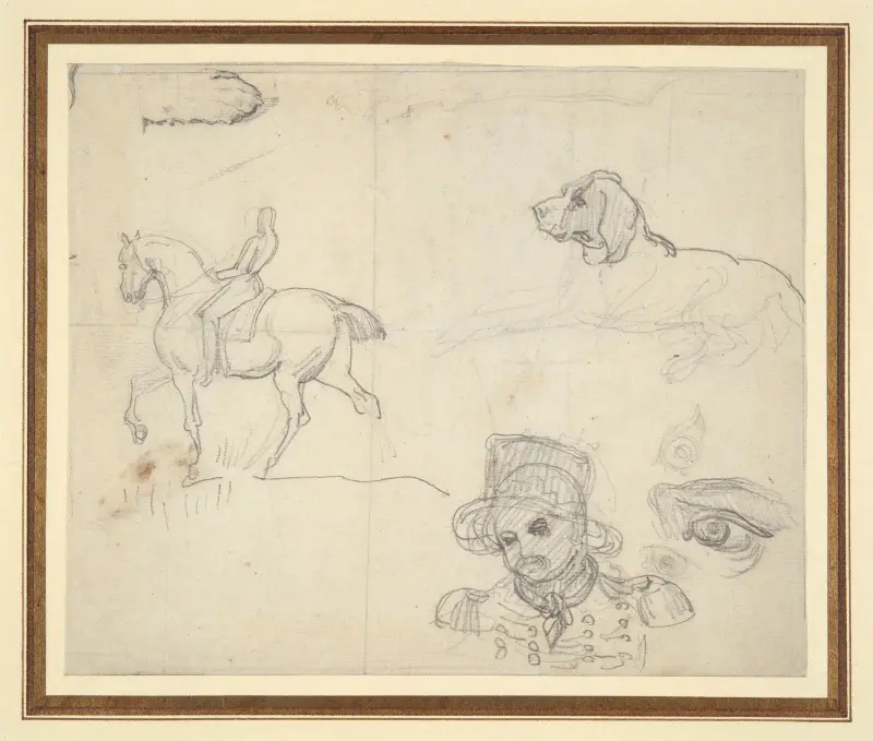 Sida med skisser (ryttare, hund, soldathuvud) av Théodore Géricault