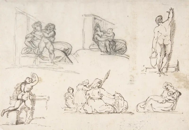 Sex figurstudier, inklusive fyra för Den fattiga italienska familjen av Théodore Géricault