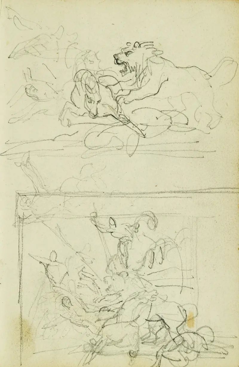 Två kompositionsstudier av en lejonjakt av Théodore Géricault